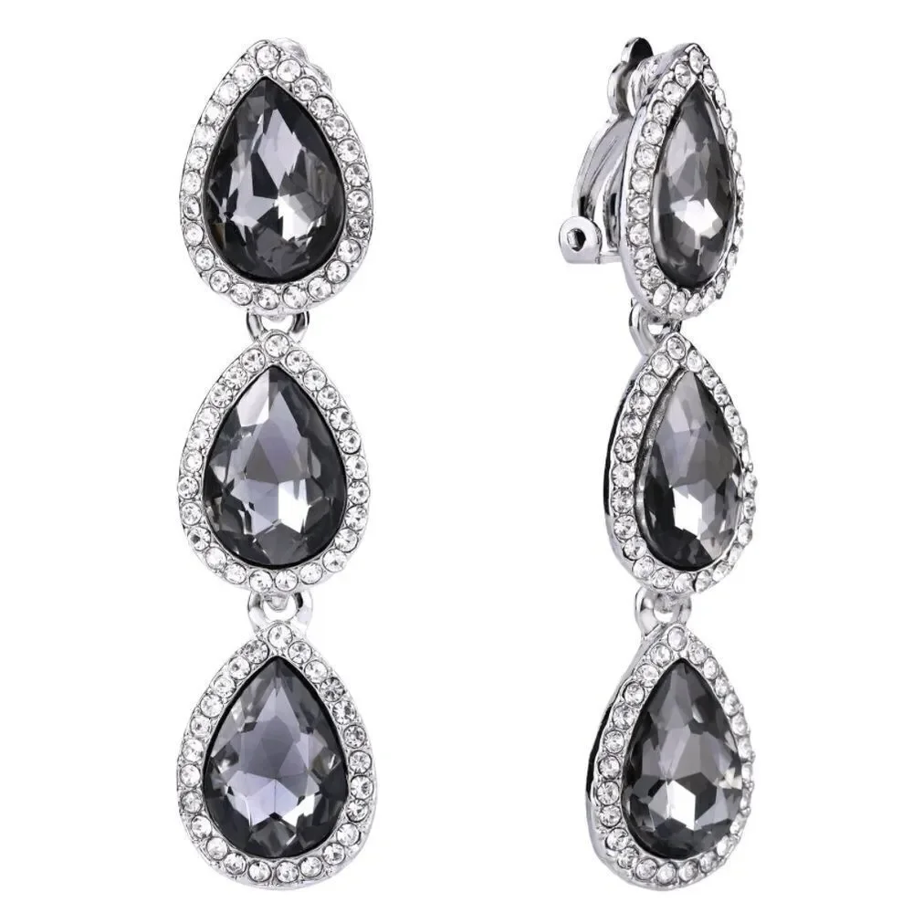Silver with Charcoal Gray and White Diamond Austrian Crystal Clip On Earrings